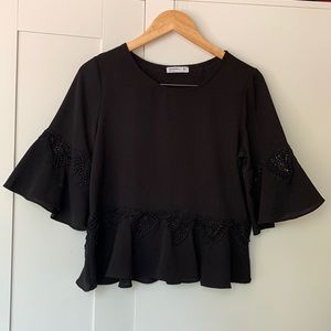 Mango Bell sleeves Embroidered Black Blouse